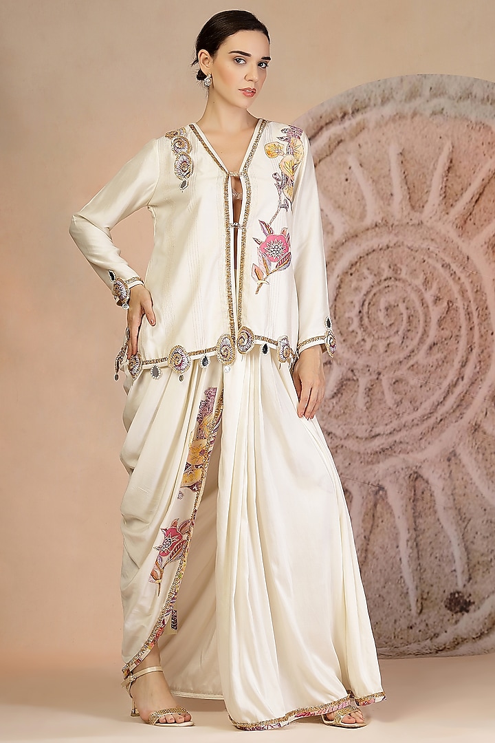 Beige Muslin Silk Draped Dhoti Set by Soniya G at Pernia's Pop Up Shop