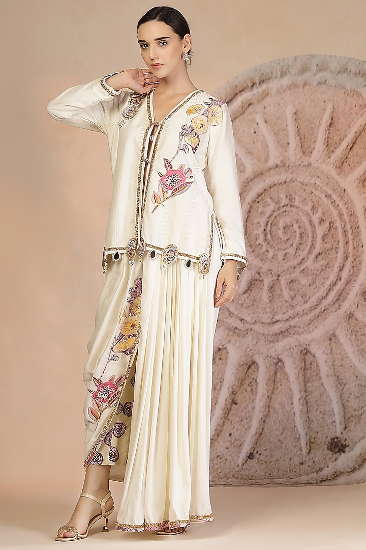 Beige Muslin Silk Draped Dhoti Set by Soniya G at Pernia's Pop Up Shop