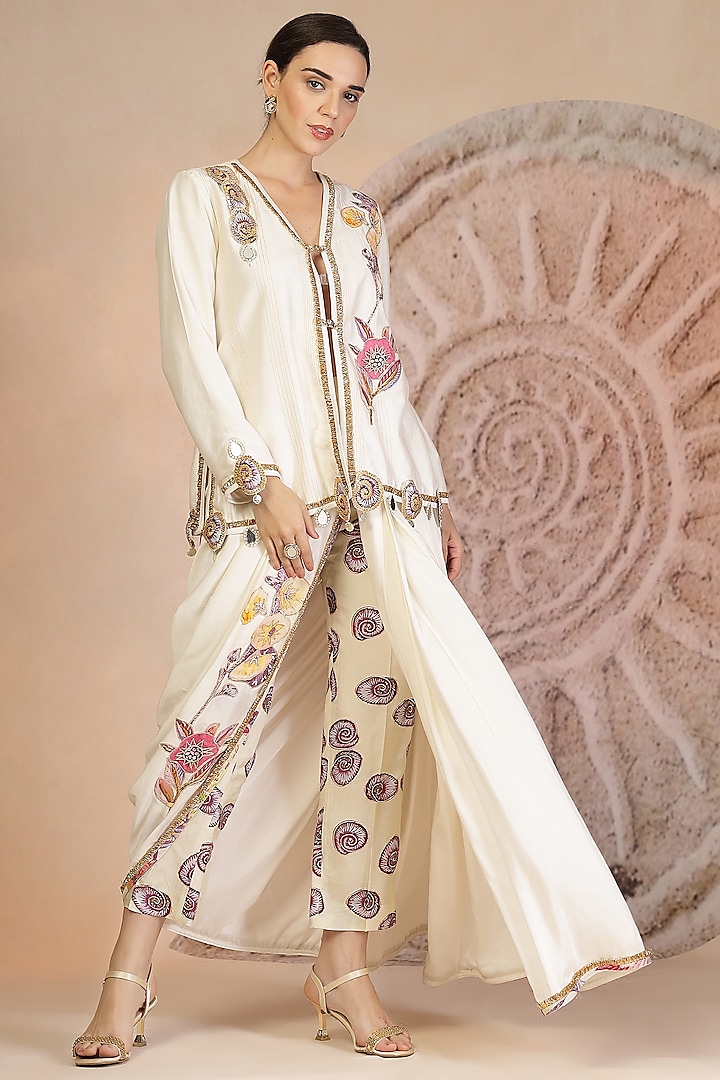 Beige Muslin Silk Draped Dhoti Set by Soniya G at Pernia's Pop Up Shop