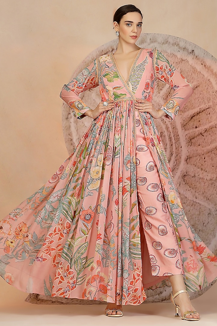 Pastel Pink Georgette Floral Printed Wedding Anarkali Set by Soniya G at Pernia's Pop Up Shop