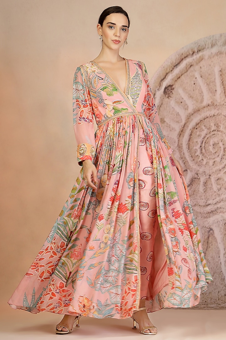 Pastel Pink Georgette Floral Printed Wedding Anarkali Set by Soniya G at Pernia's Pop Up Shop