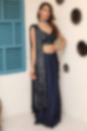 Navy Blue Sequins Draped Saree by Soniya G at Pernia's Pop Up Shop