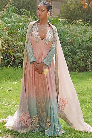 Blush Pink & Light Blue Thread Embroidered Anarkali Set by Soniya G