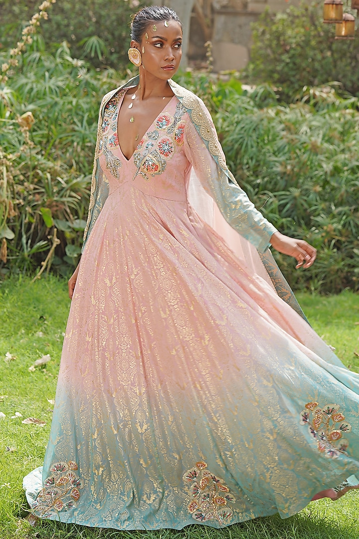Blush Pink & Light Blue Thread Embroidered Wedding Anarkali Set by Soniya G at Pernia's Pop Up Shop