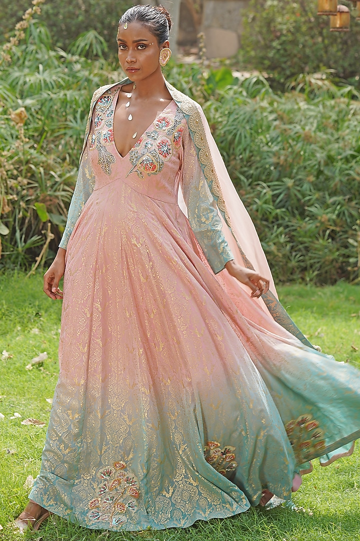 Blush Pink & Light Blue Thread Embroidered Wedding Anarkali Set by Soniya G at Pernia's Pop Up Shop