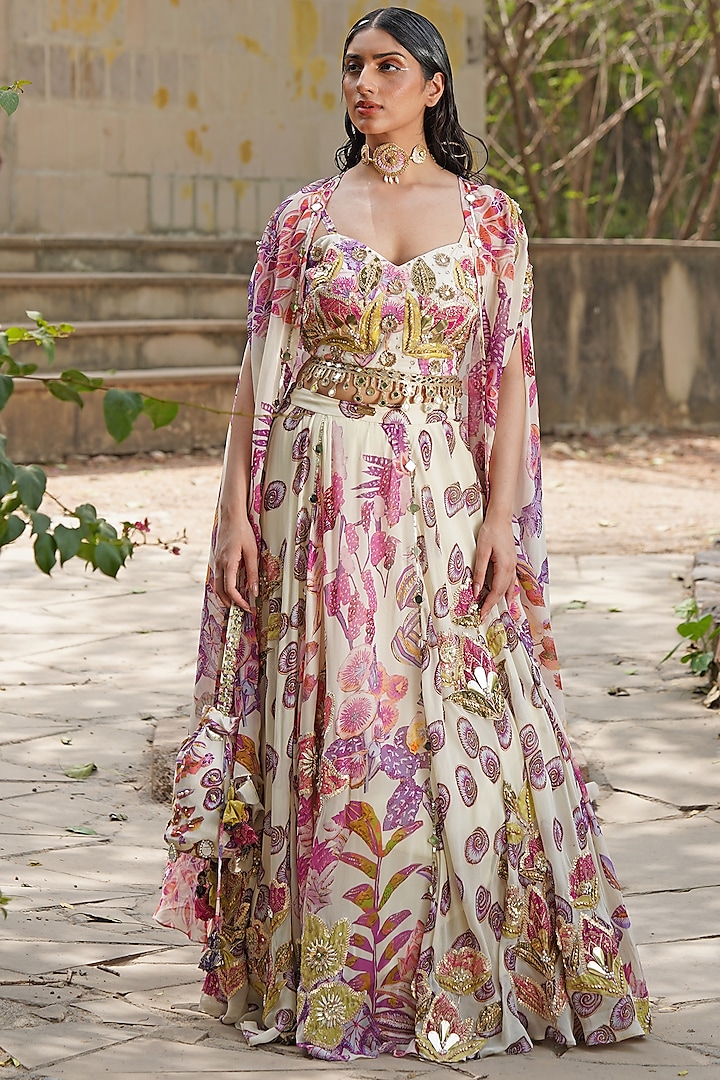 Blush Pink & White Silk Satin Embroidered Jacket Wedding Lehenga Set by Soniya G at Pernia's Pop Up Shop