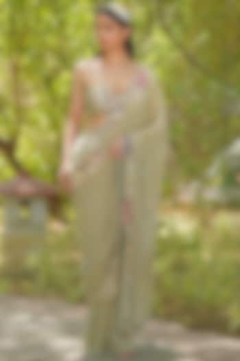 Sage Green Georgette & Chiffon Embroidered Draped Wedding Saree Set by Soniya G at Pernia's Pop Up Shop