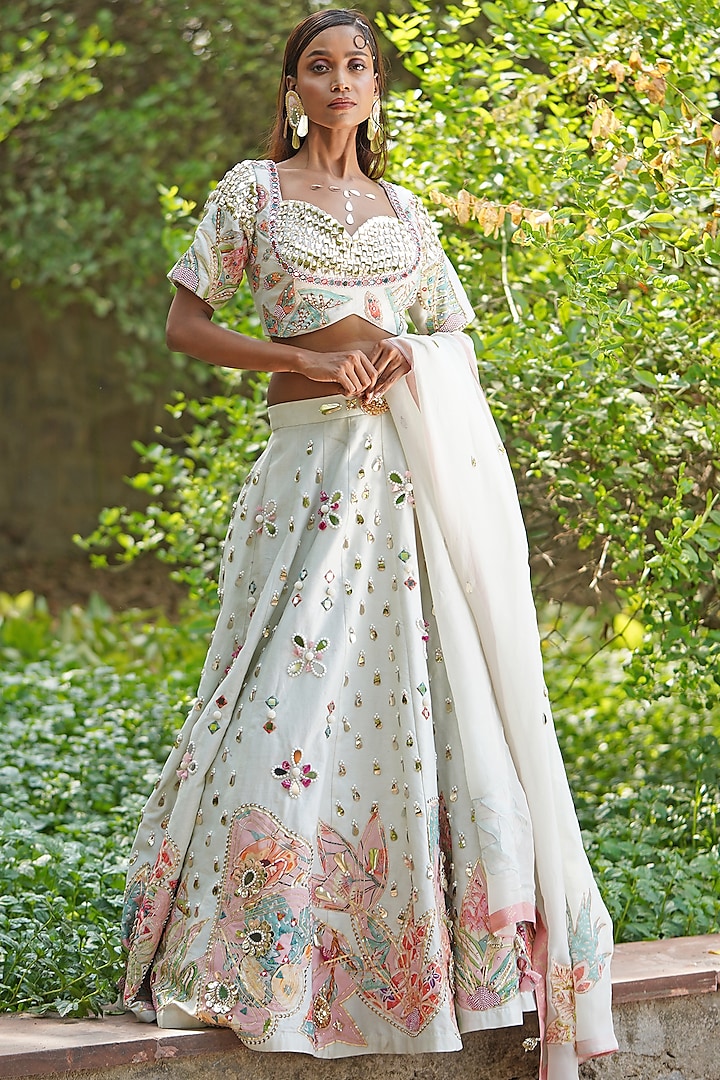 Light Pastel Green Georgette Embroidered Wedding Lehenga Set by Soniya G at Pernia's Pop Up Shop