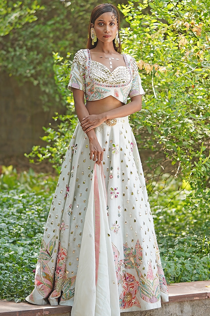 Light Pastel Green Georgette Embroidered Wedding Lehenga Set by Soniya G at Pernia's Pop Up Shop