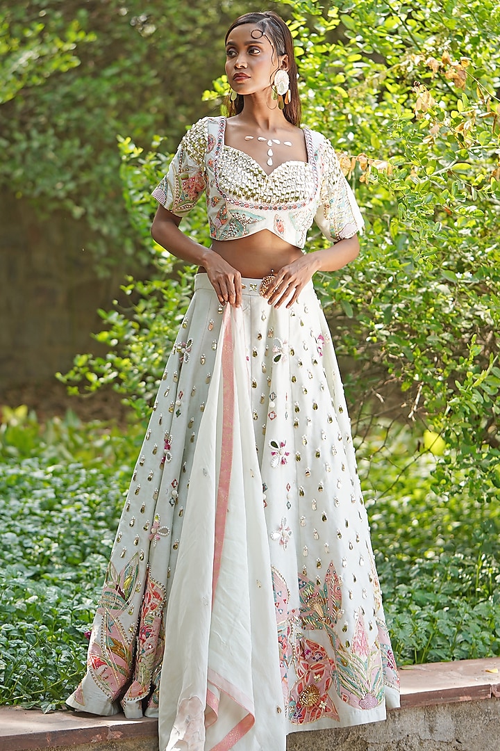 Light Pastel Green Georgette Embroidered Wedding Lehenga Set by Soniya G at Pernia's Pop Up Shop