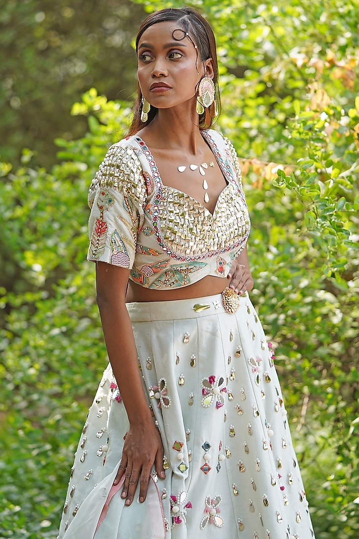 Light Pastel Green Georgette Embroidered Wedding Lehenga Set by Soniya G at Pernia's Pop Up Shop