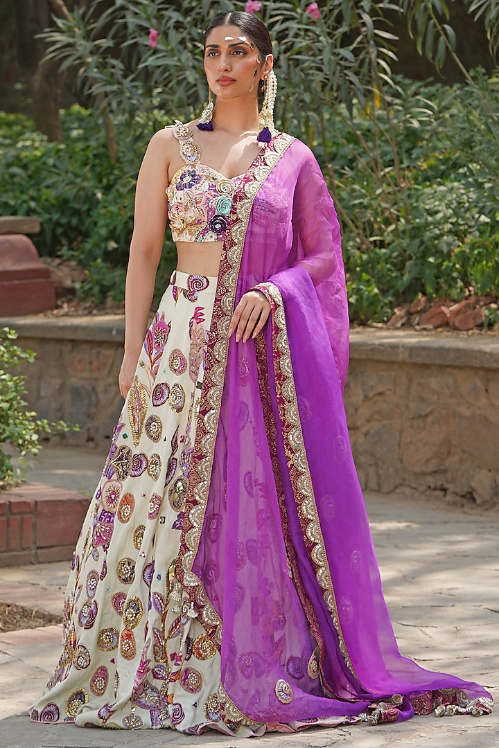 Ivory Georgette & Satin Organza Blend Embroidered Wedding Lehenga Set by Soniya G at Pernia's Pop Up Shop