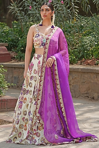 Ivory Georgette & Satin Organza Blend Embroidered Lehenga Set by Soniya G