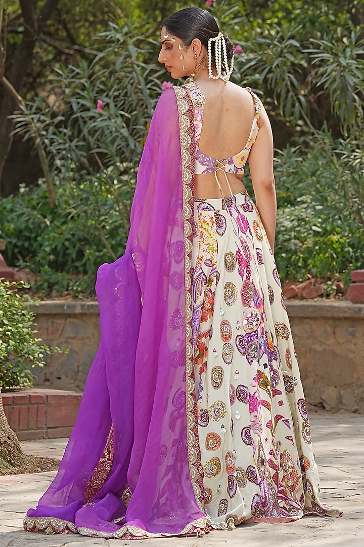 Ivory Georgette & Satin Organza Blend Embroidered Wedding Lehenga Set by Soniya G at Pernia's Pop Up Shop