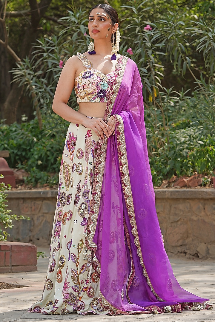 Ivory Georgette & Satin Organza Blend Embroidered Wedding Lehenga Set by Soniya G at Pernia's Pop Up Shop