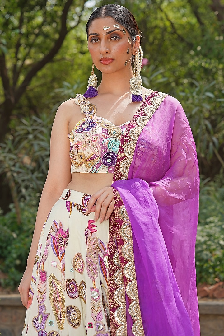 Ivory Georgette & Satin Organza Blend Embroidered Wedding Lehenga Set by Soniya G at Pernia's Pop Up Shop