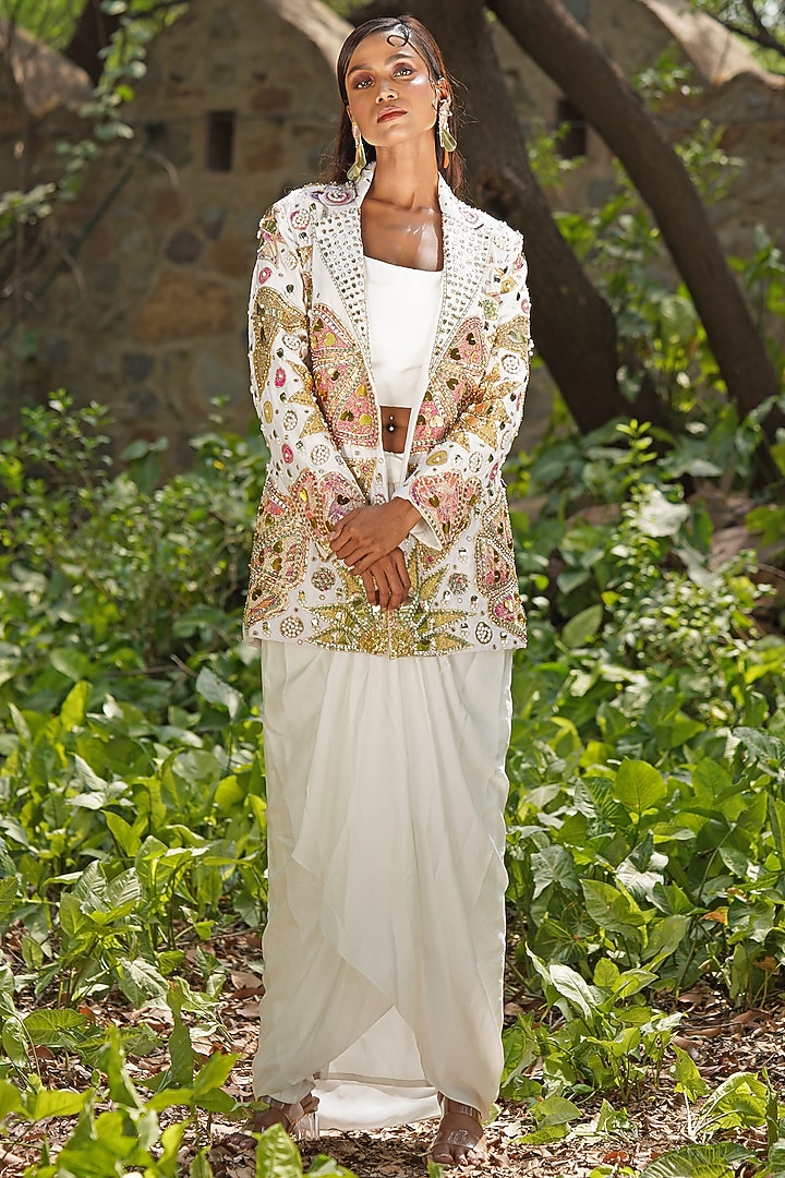 Ivory Raw Silk & Fine Brocade Embroidered Co-Ord Set by Soniya G at Pernia's Pop Up Shop