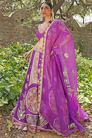 Royal Purple Silk Blend Lehenga Set by Soniya G
