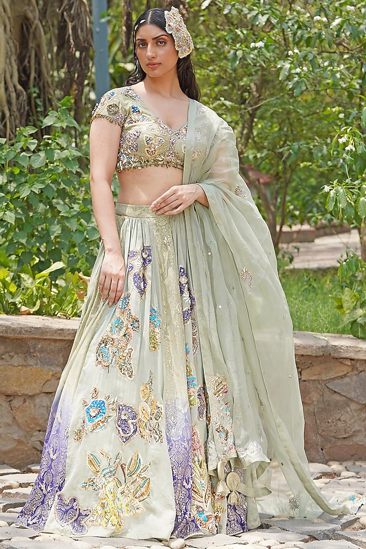 Icy Pastel Blue Crepe Silk Embroidered Wedding Lehenga Set by Soniya G at Pernia's Pop Up Shop