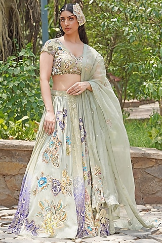 Icy Pastel Blue Crepe Silk Embroidered Lehenga Set by Soniya G