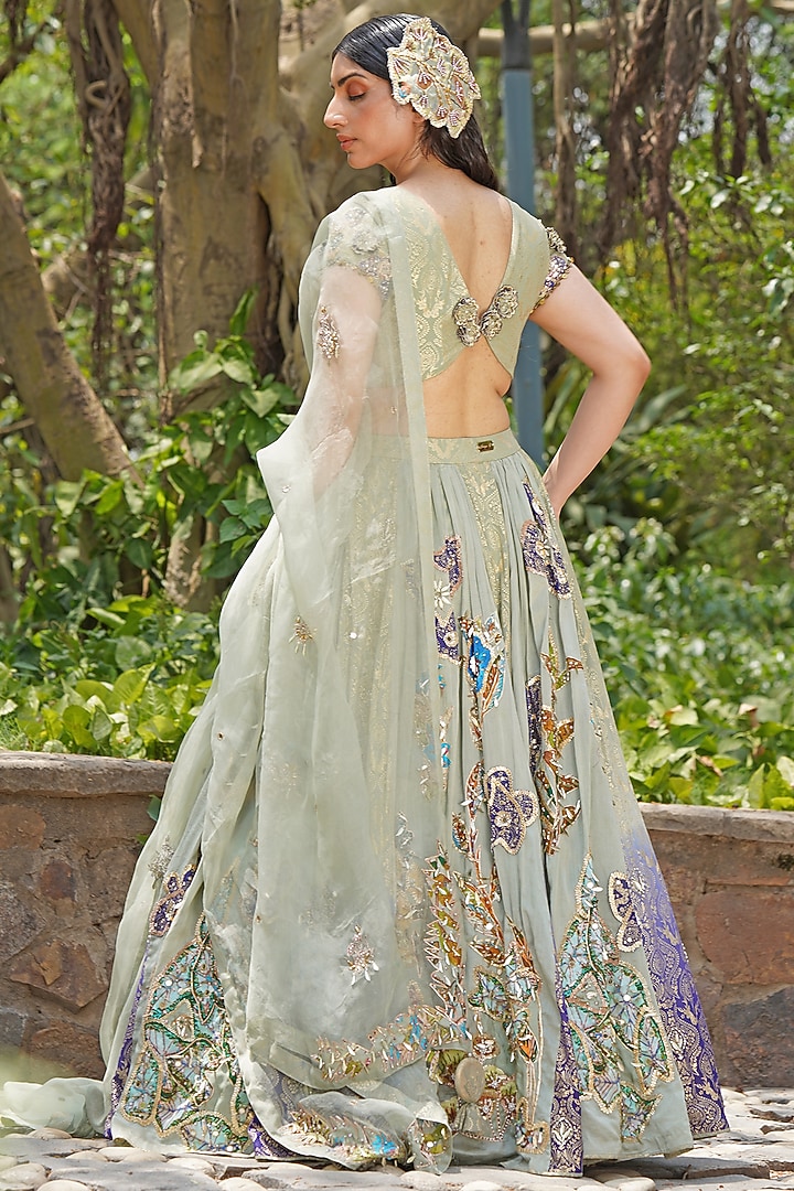 Icy Pastel Blue Crepe Silk Embroidered Wedding Lehenga Set by Soniya G at Pernia's Pop Up Shop