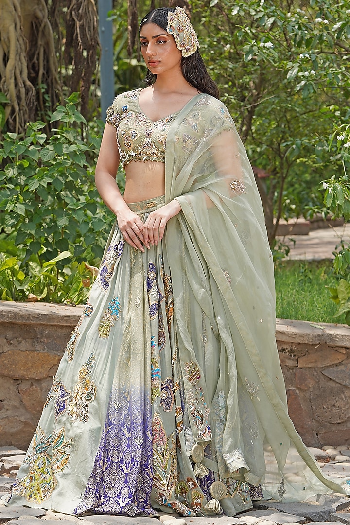 Icy Pastel Blue Crepe Silk Embroidered Wedding Lehenga Set by Soniya G at Pernia's Pop Up Shop