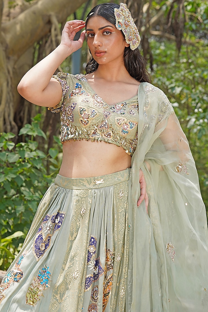 Icy Pastel Blue Crepe Silk Embroidered Wedding Lehenga Set by Soniya G at Pernia's Pop Up Shop