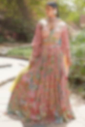 Blush Pink & Peachy Coral Organza Embroidered Wedding Lehenga Set by Soniya G at Pernia's Pop Up Shop