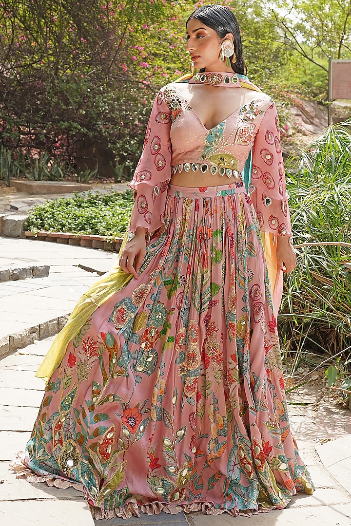 Blush Pink & Peachy Coral Organza Embroidered Wedding Lehenga Set by Soniya G at Pernia's Pop Up Shop