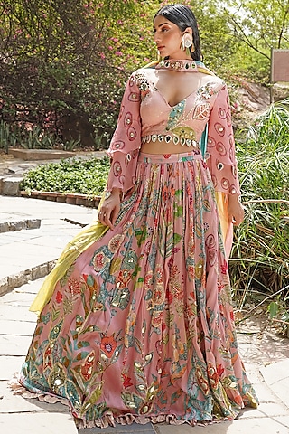 Blush Pink & Peachy Coral Organza Embroidered Lehenga Set by Soniya G