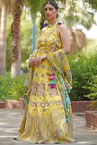 Yellow Organza Embroidered Lehenga Set by Soniya G