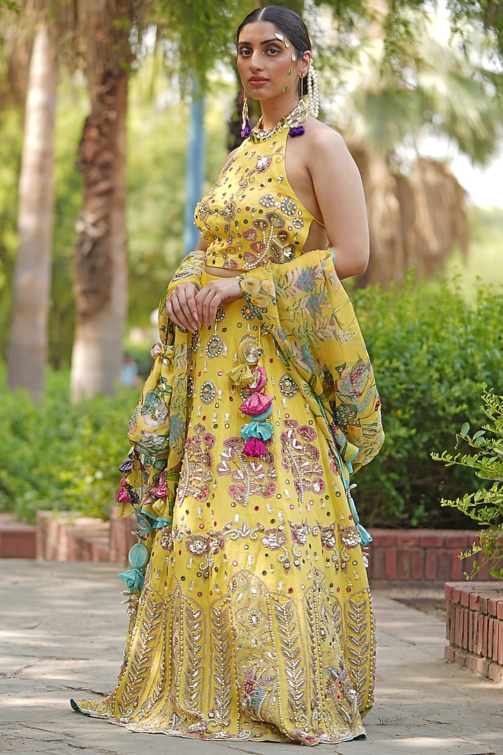 Yellow Organza Embroidered Wedding Lehenga Set by Soniya G at Pernia's Pop Up Shop