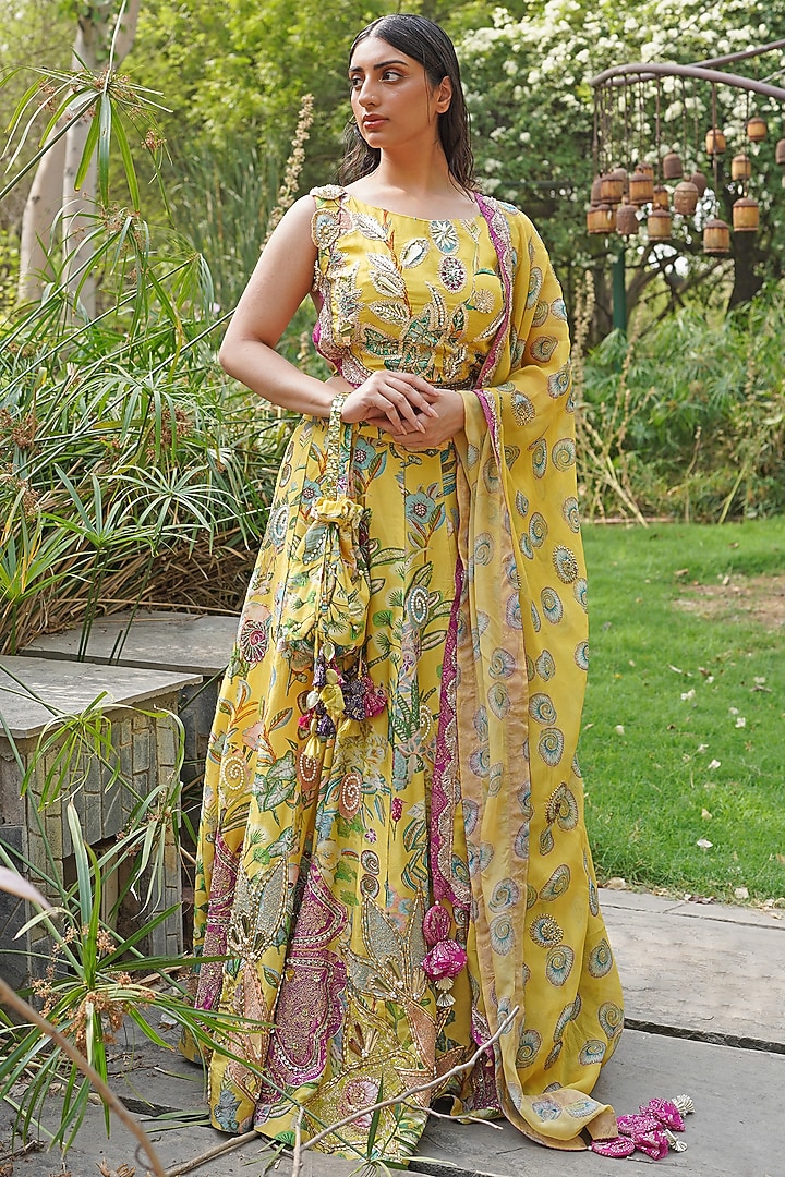 Yellow Organza Silk Thread Embroidered Wedding Lehenga Set by Soniya G at Pernia's Pop Up Shop
