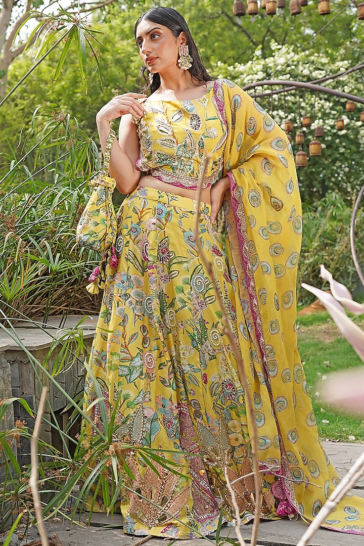 Yellow Organza Silk Thread Embroidered Wedding Lehenga Set by Soniya G at Pernia's Pop Up Shop