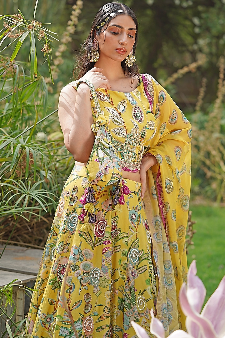 Yellow Organza Silk Thread Embroidered Wedding Lehenga Set by Soniya G at Pernia's Pop Up Shop