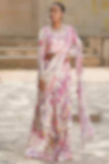 Off-White & Ivory Georgette Printed Pre-Draped Wedding Saree Set by Soniya G at Pernia's Pop Up Shop