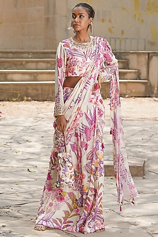 Off-White & Ivory Georgette Printed Pre-Draped Saree Set by Soniya G