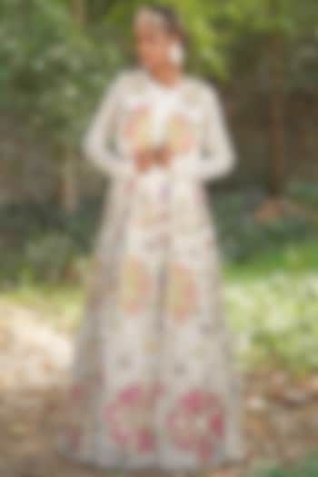 Off-White Silk Blend Georgette Embroidered Jacket Gown by Soniya G at Pernia's Pop Up Shop