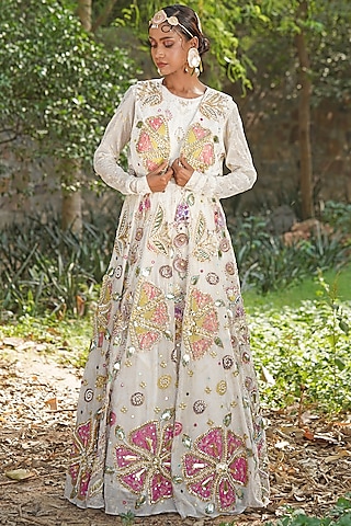 Off-White Silk Blend Georgette Embroidered Jacket Gown by Soniya G