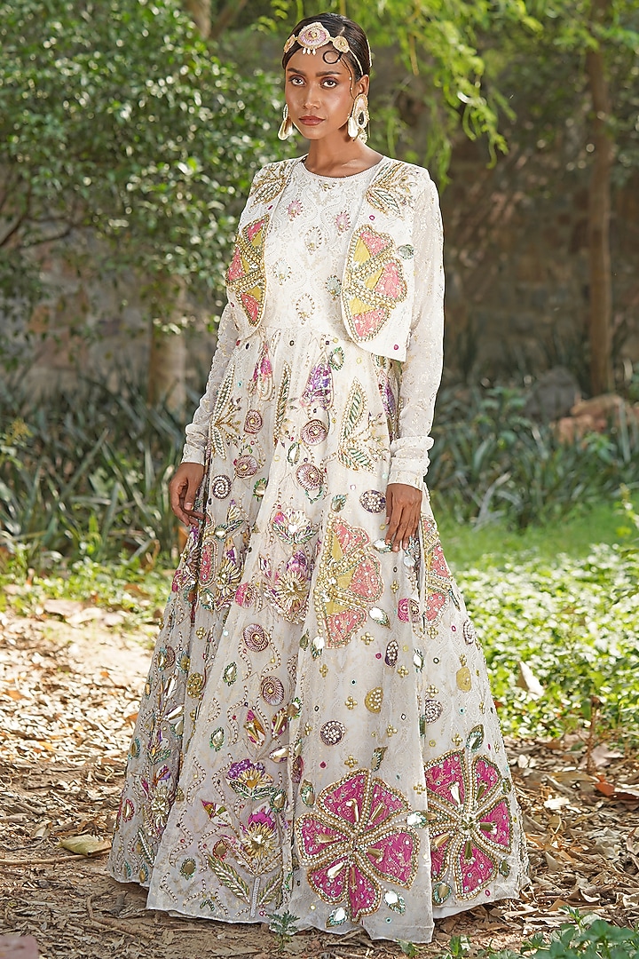 Off-White Silk Blend Georgette Embroidered Jacket Gown by Soniya G at Pernia's Pop Up Shop