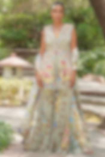 Soft Sky Blue & Grey Georgette Embroidered Kurta Set by Soniya G at Pernia's Pop Up Shop