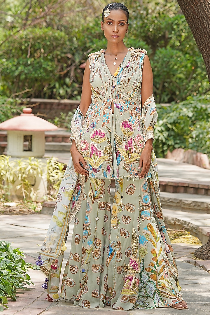 Soft Sky Blue & Grey Georgette Embroidered Kurta Set by Soniya G at Pernia's Pop Up Shop