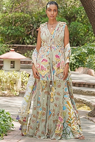Soft Sky Blue & Grey Georgette Embroidered Kurta Set by Soniya G