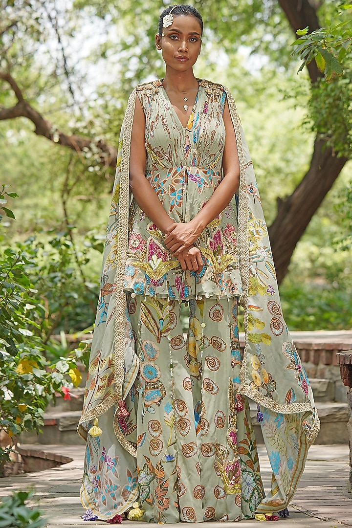 Soft Sky Blue & Grey Georgette Embroidered Kurta Set by Soniya G at Pernia's Pop Up Shop