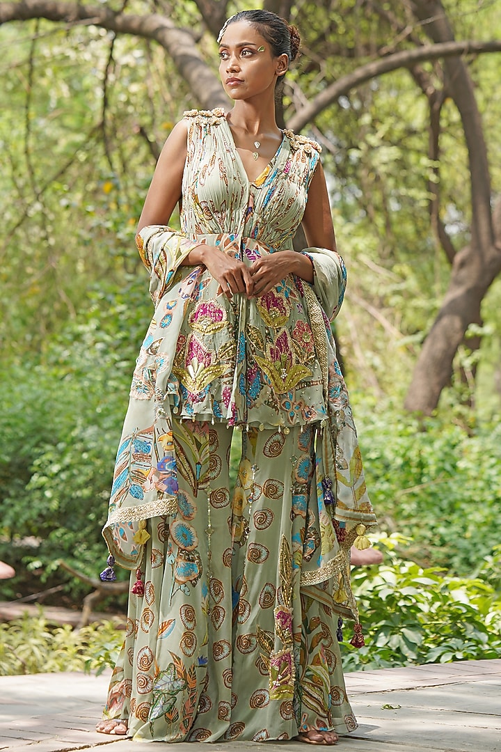 Soft Sky Blue & Grey Georgette Embroidered Kurta Set by Soniya G at Pernia's Pop Up Shop