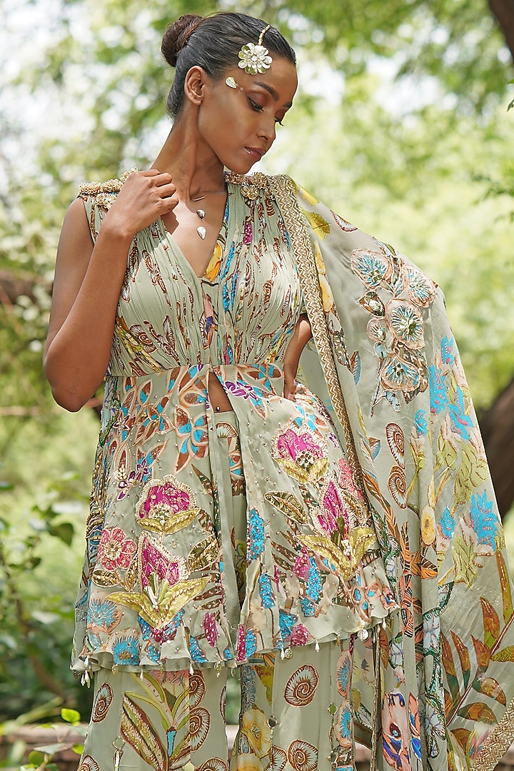 Soft Sky Blue & Grey Georgette Embroidered Kurta Set by Soniya G at Pernia's Pop Up Shop