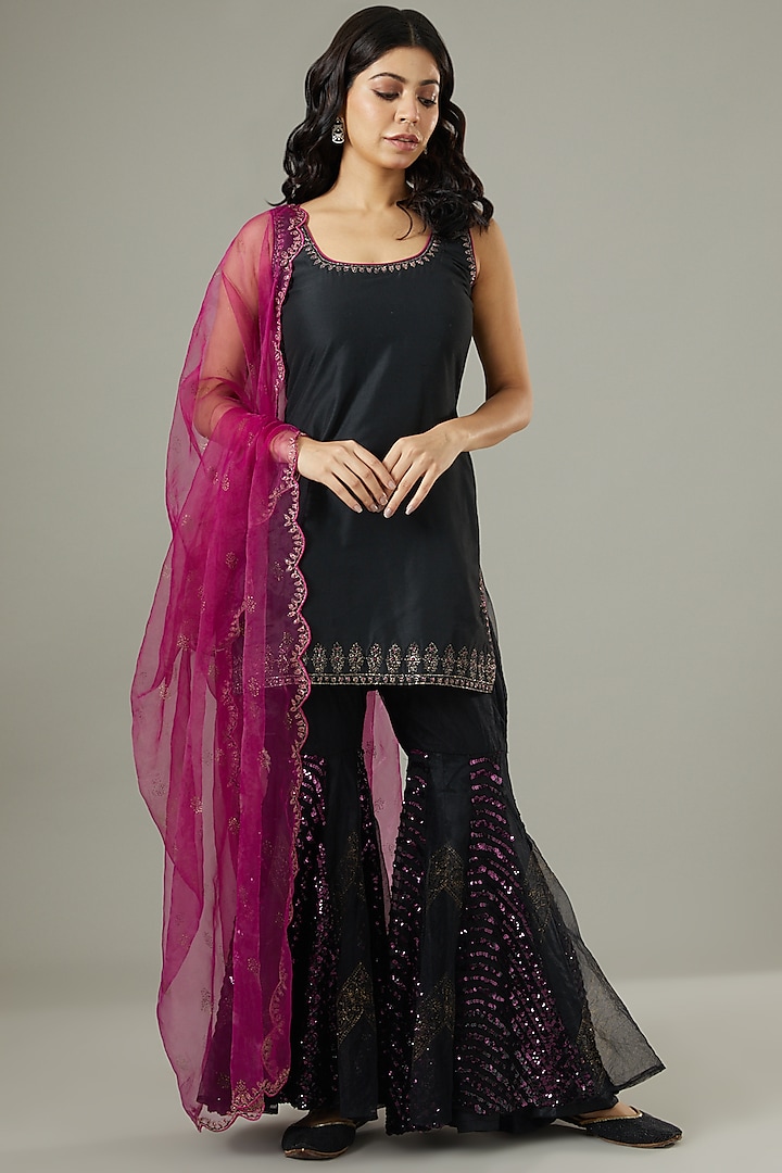 Black Embroidered Sharara Set by Soniya G