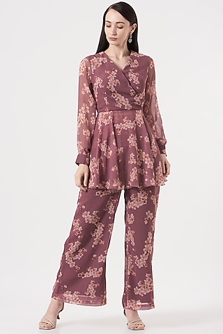 Wine Printed Palazzo Pant Set by Soniya G