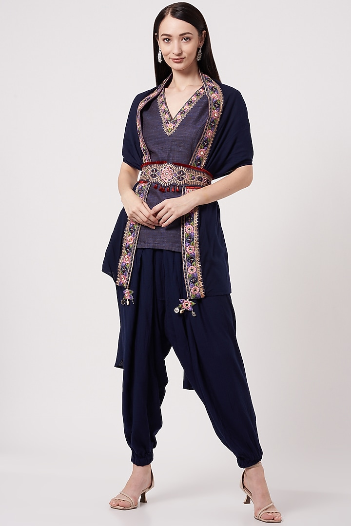 Navy Blue Handloom Silk Cape Set by Soniya G at Pernia's Pop Up Shop