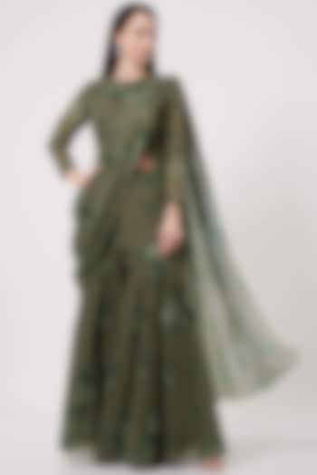 Mehendi Green Printed Draped Saree Set by Soniya G